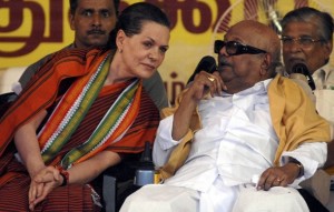 Karunanidhi, chief minister of Tamil Naidu, speaks with Sonia Gandhi in Chennai