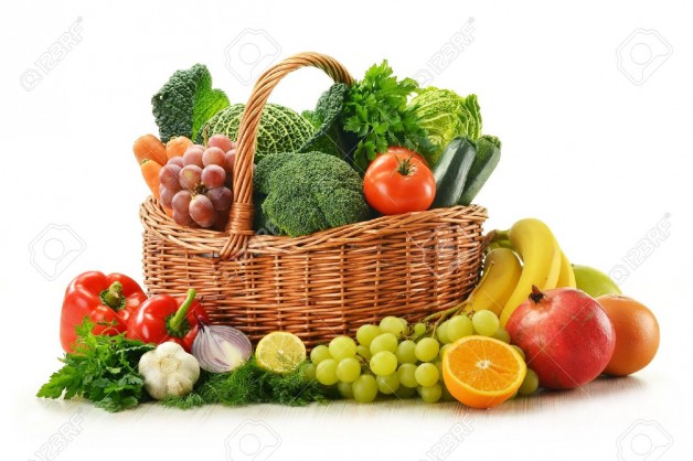 11214729-Composition-with-vegetables-and-fruits-in-wicker-basket-isolated-on-white-Stock-Photo