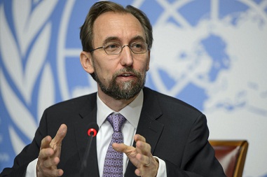 U.N. High Commissioner for Human Rights Jordan's Zeid Raad al-Hussein speaks during a news conference at the European headquarters of the United Nations in Geneva, Switzerland, Thursday, Oct. 16, 2014. Zeid drew comparisons between the Ebola outbreak and the Islamic State group Thursday, labeling them "twin plagues" upon the world that were allowed to gain strength because of widespread neglect and misunderstanding. (AP Photo/Keystone, Martial Trezzini)